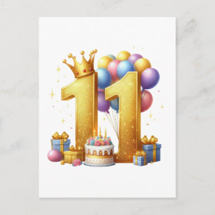 Cartão Postal De Festividades Aniversário de 11 anos dourado
