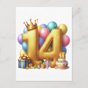 Cartão Postal De Festividades Aniversário de 14 anos de ouro
