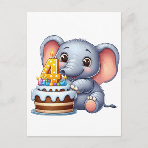 Cartão Postal De Festividades Aniversário de 4 anos do Elefante Fofo