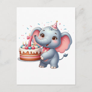 Cartão Postal De Festividades Aniversário de 7 anos do Elefante Fofo
