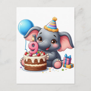 Cartão Postal De Festividades Aniversário de 9 anos do Elefante Fofo