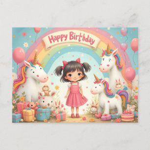 Cartão Postal De Festividades Aniversário de Menina com Unicórnios & Arco-íris