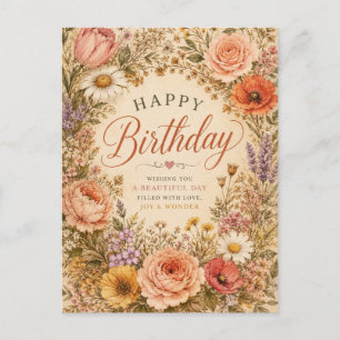 Cartão Postal De Festividades Aniversário Floral Retro Personalizado com flores