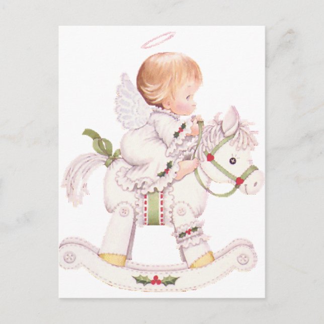 Cartão Postal De Festividades Anjo Bonito num Cavalo Branco de Natal (Frente)