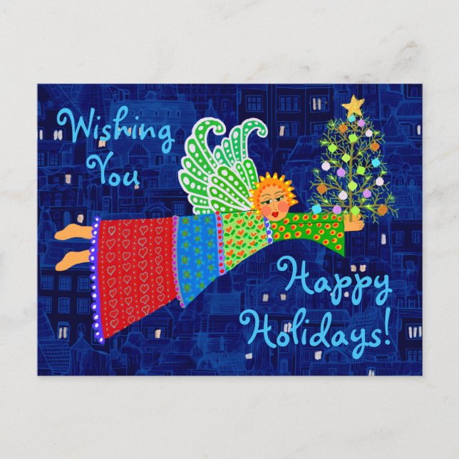 Cartão Postal De Festividades Anjo de Natal com Cartaz de Férias em Árvore (Frente)