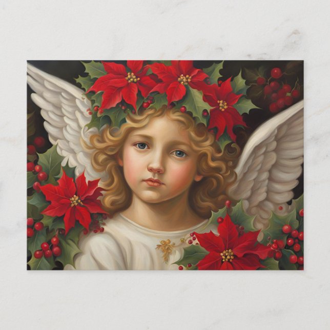 Cartão Postal De Festividades Anjo do Natal com Red Poinsettia Wreath (Frente)