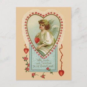 Cartão Postal De Festividades Anjo e Coração do Namorados Vintage