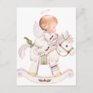 Cartão Postal De Festividades Anjo Fofo em um Cavalo de Balanço Branco de Natal