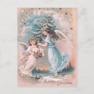 Cartão Postal De Festividades Anjo Querubim Árvore de Natal Maçã Estrelas
