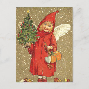 Cartão Postal De Festividades Anjo Querubim Árvore de Natal Neve