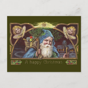 Cartão Postal De Festividades Anjos de Papai Noel Vitorianos Azul Natal Arte Ant