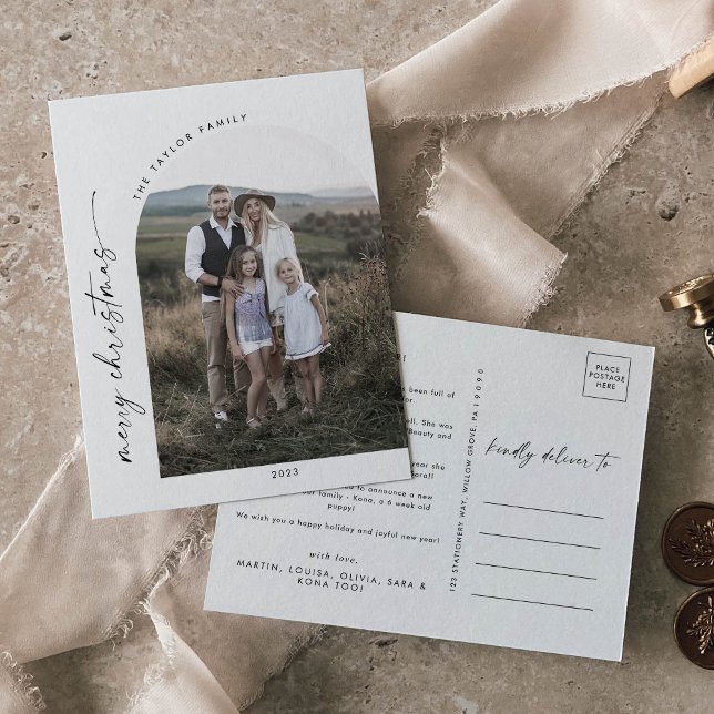 Cartão Postal De Festividades Ano de Foto de Natal do Arco Moderno em Revisão (Criador carregado)