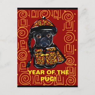 Cartão Postal De Festividades Ano do Cão Pug Preto