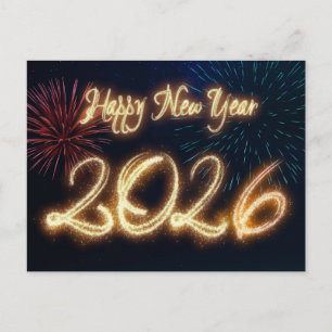Cartão Postal De Festividades Ano Novo 2026 Brilhante com Fogos de Artifício
