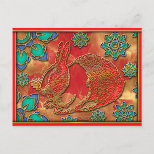 Cartão Postal De Festividades Ano Novo Chinês Coelho Azul Verde Vermelho Dourado
