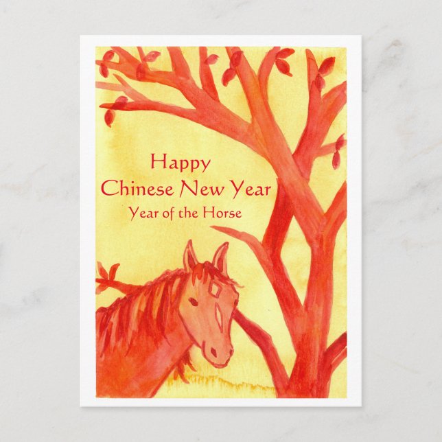 Cartão Postal De Festividades Ano Novo Chinês da Aquarela Animal Cavalo (Frente)