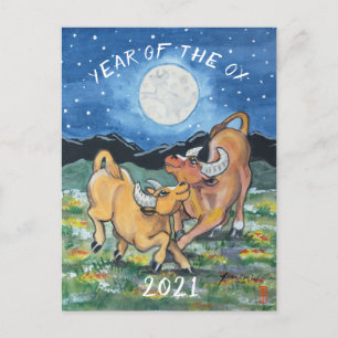 Cartão Postal De Festividades Ano Novo Chinês de Ox Arte Whimsical Zodiac
