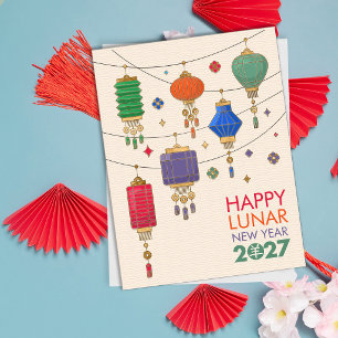 Cartão Postal De Festividades Ano Novo Chinês do Bode 2027 - Lanternas
