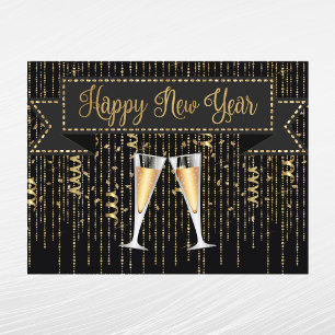 Cartão Postal De Festividades Ano Novo do Champanhe Dourado Negro Elegante