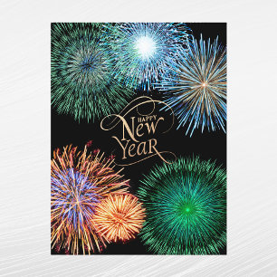 Cartão Postal De Festividades Ano Novo do Gráfico de Fogos de Artifício Dourad