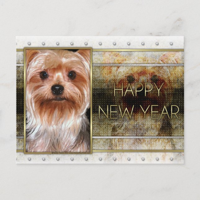 Cartão Postal De Festividades Ano Novo - Elegância do Ouro - Yorkshire Terrier (Frente)