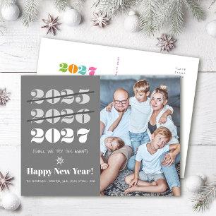 Cartão Postal De Festividades Ano Novo Engraçado 3ª Vez é a Vencida Moderno Cinz