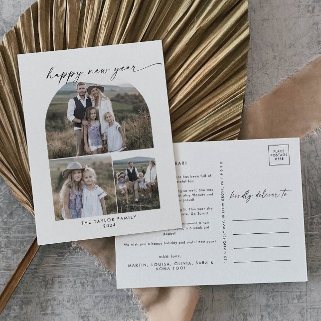 Cartão Postal De Festividades Anos novos da família de colagem de fotos do Arch  (Criador carregado)