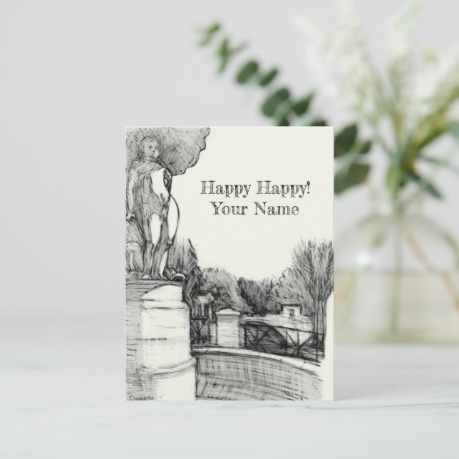 Cartão Postal De Festividades Antiga fonte no parque com o menino da escultura (Em pé/Frente)