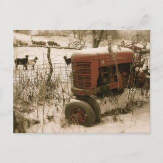 Cartão Postal De Festividades Antigo Trator Vermelho com Cartão-Postal de Natal 