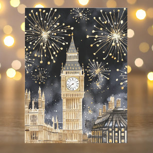 Cartão Postal De Festividades Aquarela Ano Novo Feliz Londres Dourado Preto