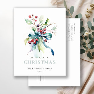 Cartão Postal De Festividades Aquarela Azul Verde Bagas de Inverno Natal