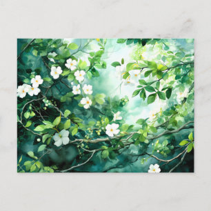 Cartão Postal De Festividades Aquarela Botânica Flores Brancas Folhas Verdes