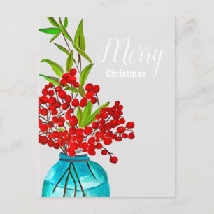 Cartão Postal De Festividades Aquarela de bagas vermelhas de Natal