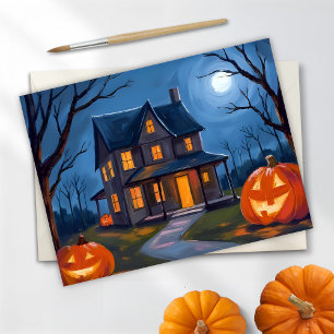 Cartão Postal De Festividades Aquarela de Casa Assombrada de Halloween com Jack-