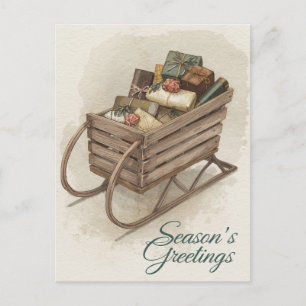 Cartão Postal De Festividades Aquarela de Trenó Rústico Cheio de Presentes