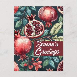 Cartão Postal De Festividades Aquarela Festiva Fruta de romã e Folhas