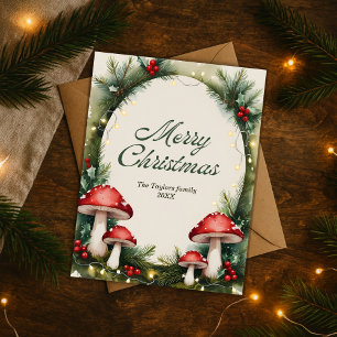 Cartão Postal De Festividades Aquarela Floresta Cogumelo Feliz Natal