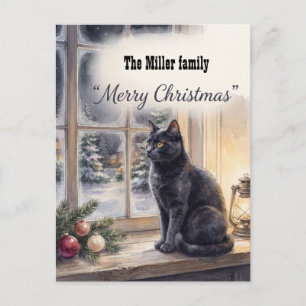 Cartão Postal De Festividades Aquarela Gato Preto Natal Janela Natal