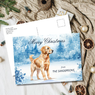 Cartão Postal De Festividades Aquarela Golden Retriever Natal de Inverno