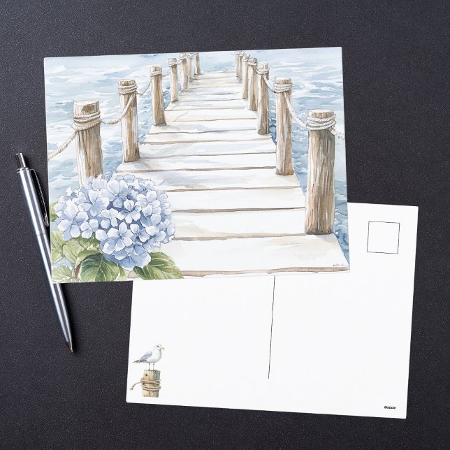 Cartão Postal De Festividades Aquarela Hidrangea Azul Cais Marítimo Costeiro (Criador carregado)