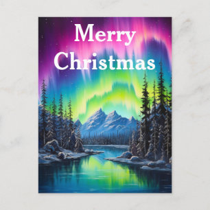 Cartão Postal De Festividades Aquarela Luzes do Norte aurora boreal 