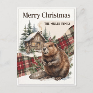 Cartão Postal De Festividades Aquarela Plaid de Castor Floresta de Natal Persona