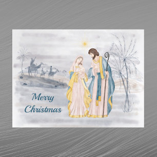 Cartão Postal De Festividades Aquarela Religiosa Cristã Azul de Natal