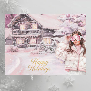 Cartão Postal De Festividades Aquarela Rosa Beijo de Rosa Chalé de Ski Feliz Nat
