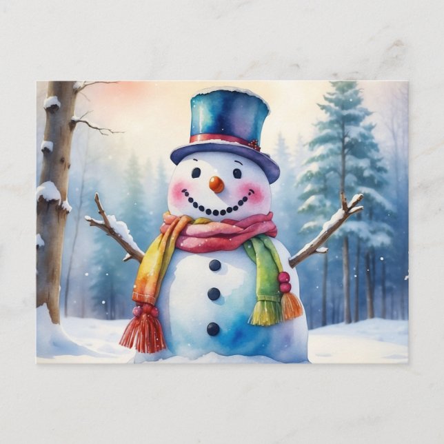 Cartão Postal De Festividades Aquarela Snowman de Natal na Floresta de inverno (Frente)