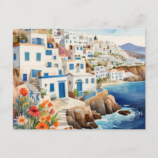 Cartão Postal De Festividades Aquarelas do Mar de Grécia da Aldeia de Pesca Greg
