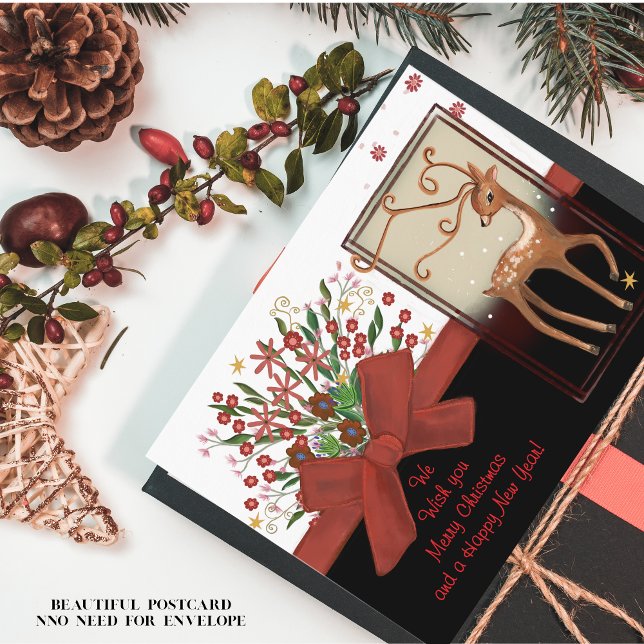 Cartão Postal De Festividades Arco Vermelho Branco Preto (Deer Red Bow Black White Holiday Postcard)
