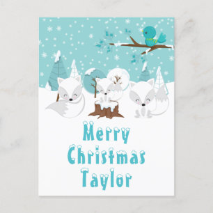 Cartão Postal De Festividades Arctic Foxes Terra de Encantamento de Natal Feliz