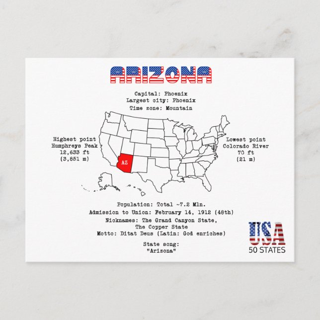 Cartão Postal De Festividades Arizona American state on a map and useful info (Frente)