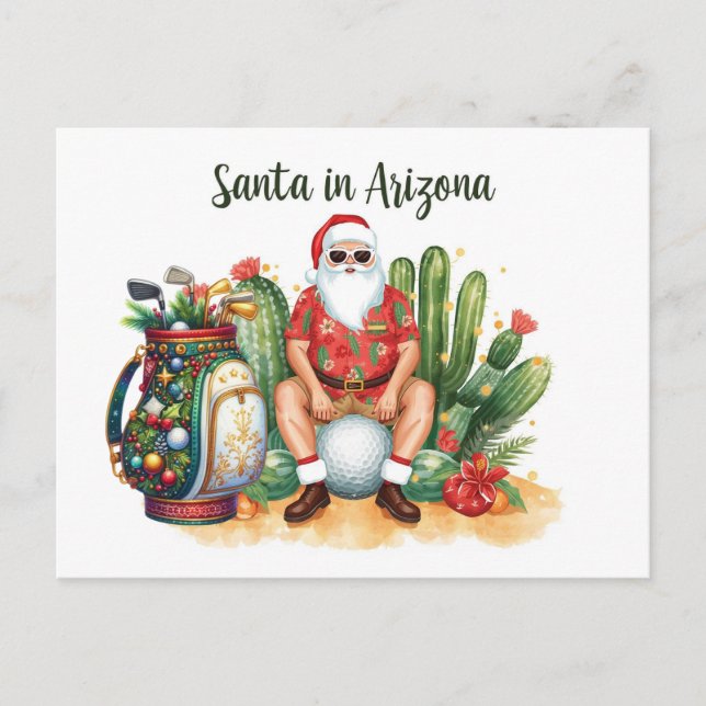 Cartão Postal De Festividades Arizona Golf in Desert Christmas Cactus Santa  (Frente)